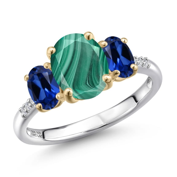 Gem Stone King 925 Silver and 10K Yellow Gold Green Malachite and Blue Created Sapphire and Lab Grown Diamond Engagement Ring for Women | 3.76 Cttw | Oval 9X7MM | Birthstone | Size 9
