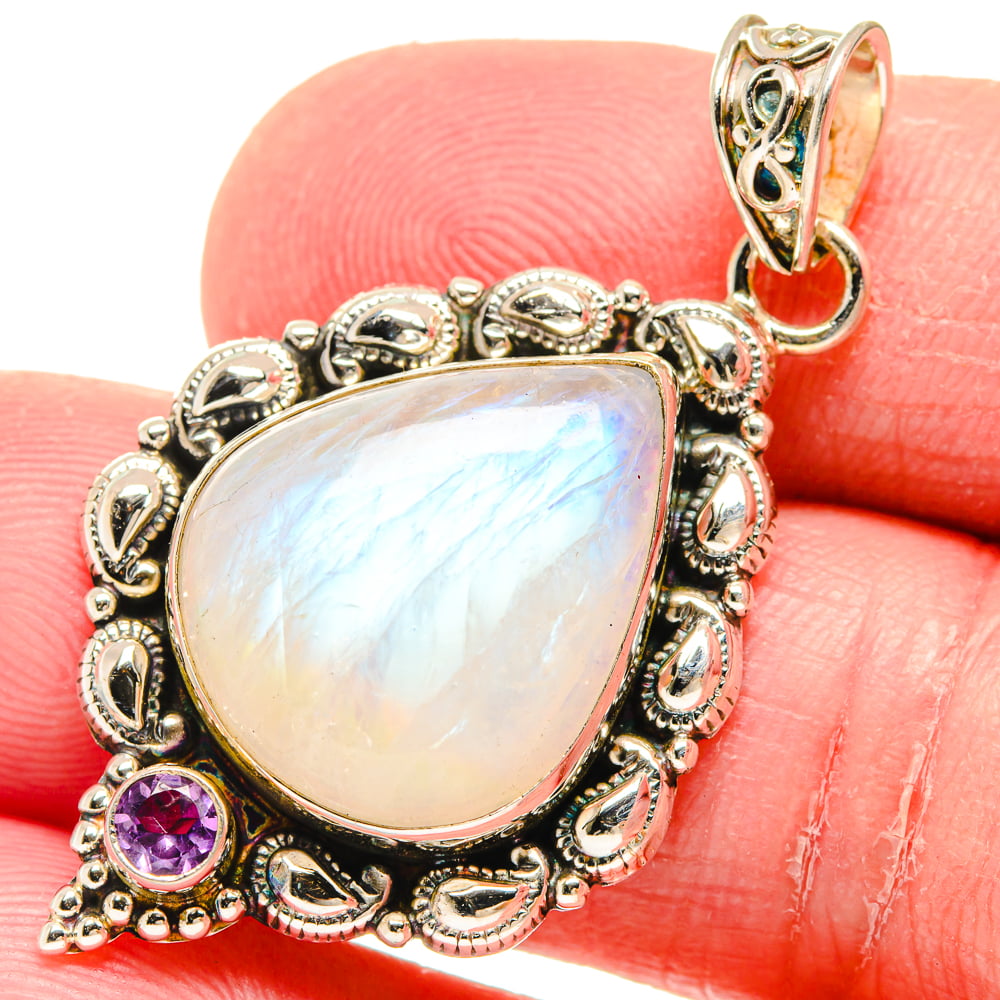 Rainbow Moonstone Pendant-Boho Statement Pendant-Sterling Silver Pendant-Moonstone Necklace-Handmade Silver Pendant-Two Stone Pendant-Gift