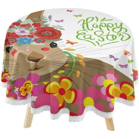 SKYSONIC Happy Easter Round Tablecloth 60inch Indoor Wrinkle Free, Colorful Flower Butterflies Circular Lace Table Cover Washable for Kitchen Party BBQ Dining Decor