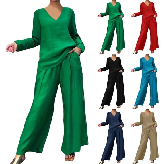 Jamicy Womens Outfits 2 Piece Sets Soft V-Neck Pullover Top with Loose Straight Jogging Pant Suits Casual Tracksuit for Women