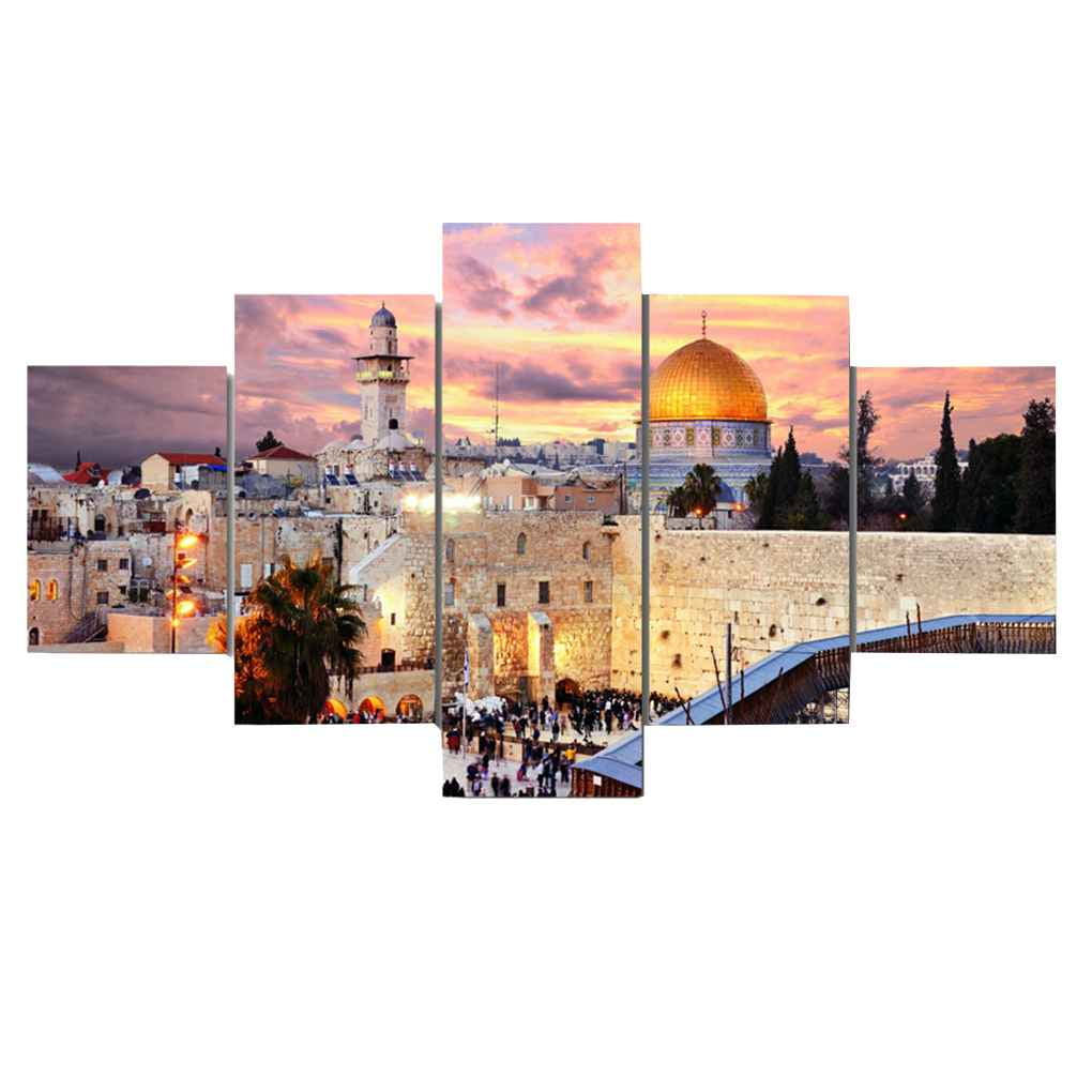 Level 5pcs Jérusalem modulaire avec Orange City Coucher de Soleil Image Moderne Toile de Paysage Affiche imprimée HD Peinture à lhuile 