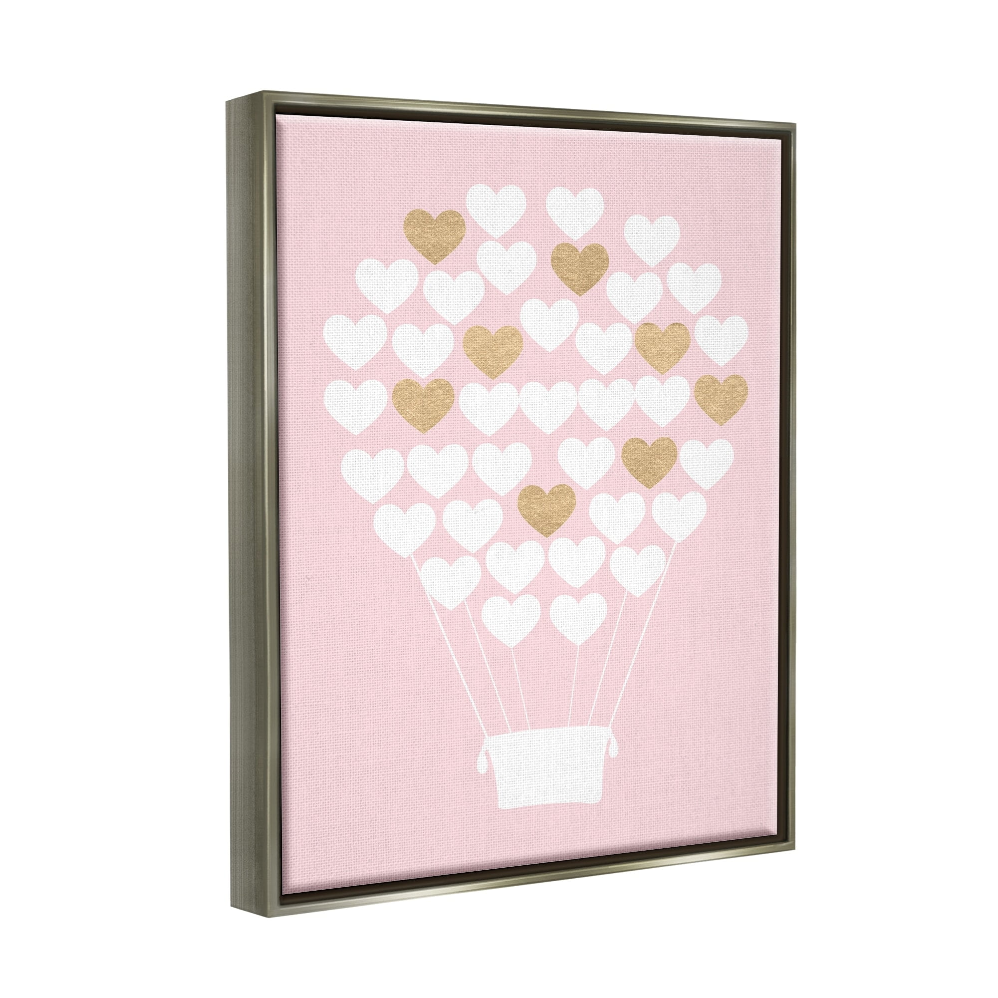 Stupell Industries White Gold Pink Heart Hot Air Balloon Luster Gray Framed Floating Canvas Wall Art, 24x30, by Daphne Polselli