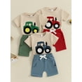 thumbnail image 3 of Toddler Baby Boys Summer Outfits Sets 3 6 12 18 24 Months 2T 3T Truck Embroidered Round Neck Short Sleeve T-Shirts Elastic Waist Shorts 2Pcs Clothes Set, 3 of 9
