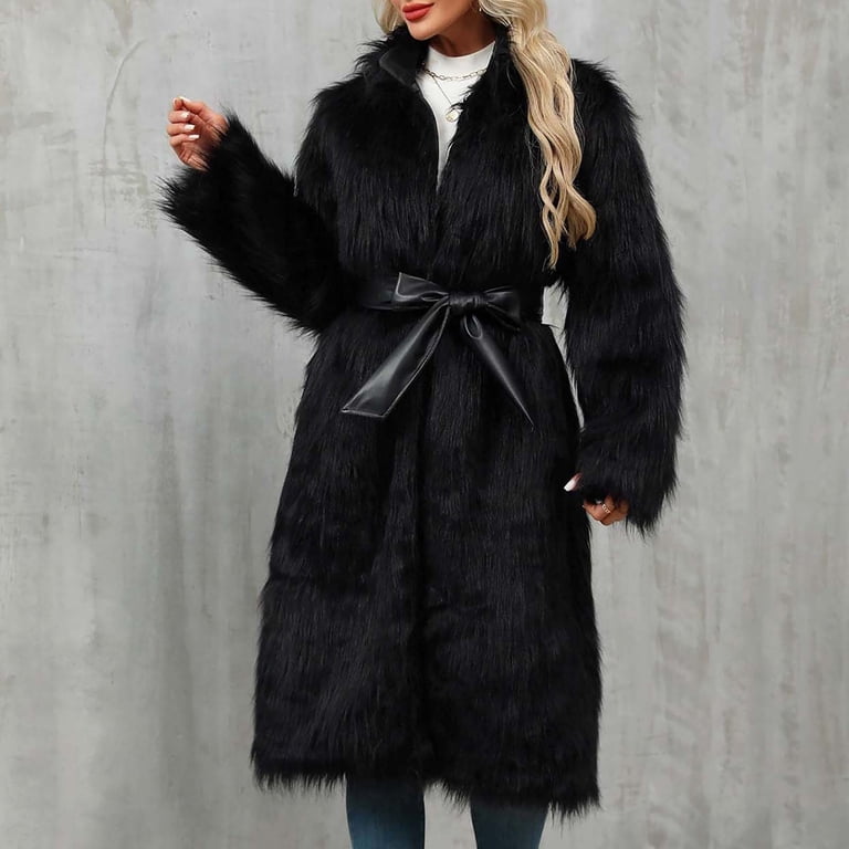 Zpanxa Women's Faux Fur V-Neck Long Coat Open Front Elegant Evening Wear Winter Formal Jacket Black XXL