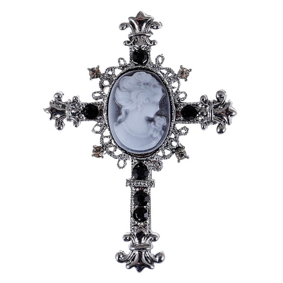 Wonens Gunmetal Tone Black Rhinestones Gothic Vintage Antique Cameo Cross Brooch Pin
