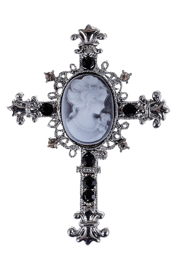 Wonens Gunmetal Tone Black Rhinestones Gothic Vintage Antique Cameo Cross Brooch Pin