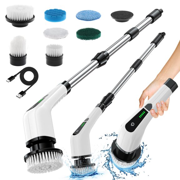 Ayternipy Cordless Electric Spin Scrubber,Cleaning Brush Scrubber for Home, 360RPM/Mins, 90Mins Work Time, 7 Replaceable Brush Heads for Bathroom Shower Bathtub Glass Car, White