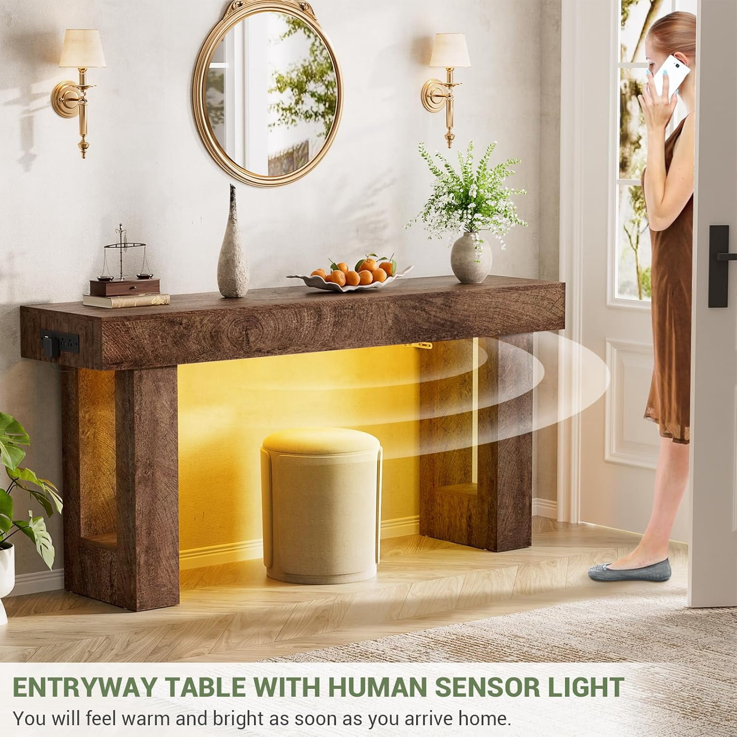 iSunirm 63" Farmhouse Console Table with Power Outlets and Sensor Light, Wooden Narrow Entryway Table with Storage for Entrance, Hallway, Living Room