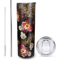 Leopard Tumbler 20oz Skinny Travel Leopard Floral Tumbler with Lid and Straw Vacuum stainless steel Leopard Print Travel Tumbler Cup insulated Leopard Coffee Mug Gifts for Women/girls/Leopard lovers