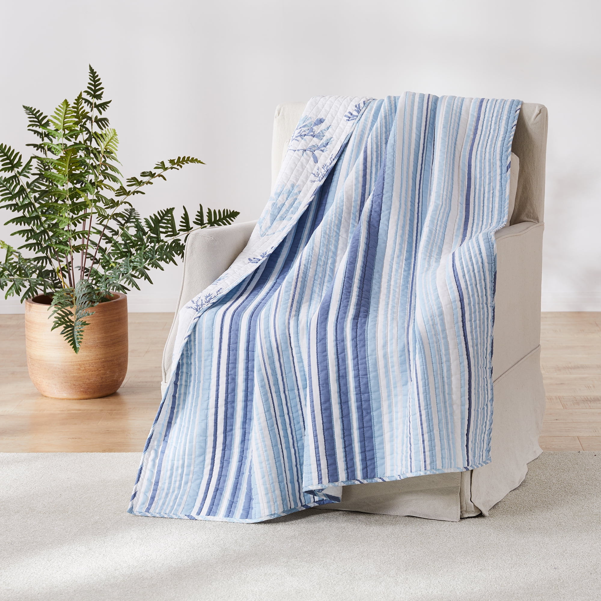 50x60in Levtex Reversible Pattern - Coastal Blue and White Quilted Throw Cotton Fabric Zuma Beach