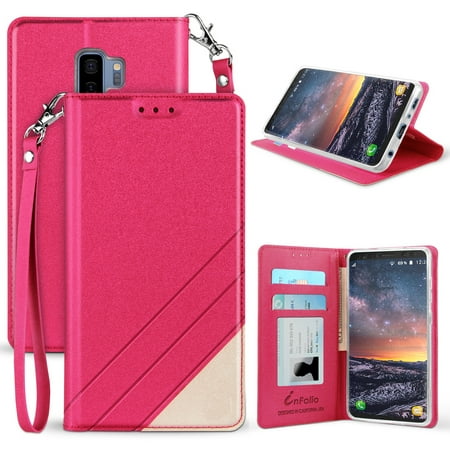 Case for Galaxy S9 Plus, Pink Infolio Credit Card Slot Cover, View Stand [with Wrist Strap Lanyard] for Samsung Galaxy S9+ (SM-G965)