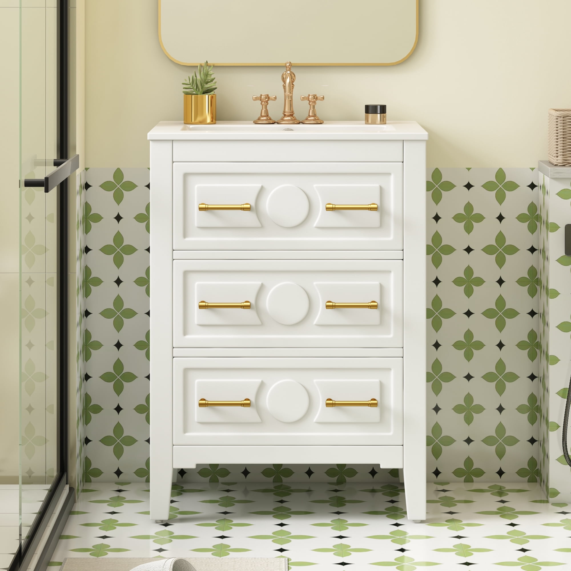 Euroco 24'' Bathroom Vanity with Ceramic Sink Combo, Free Standing Single Vanity Set with 3 Drawers, Solid Wood Frame Bathroom Storage Cabinet, White