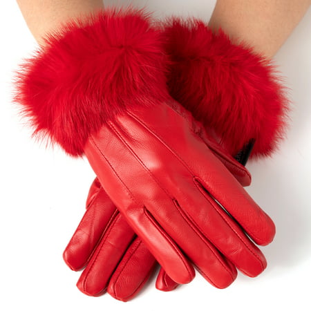 Womens Dressy Gloves Genuine Leather Thermal Lining Rabbit Fur