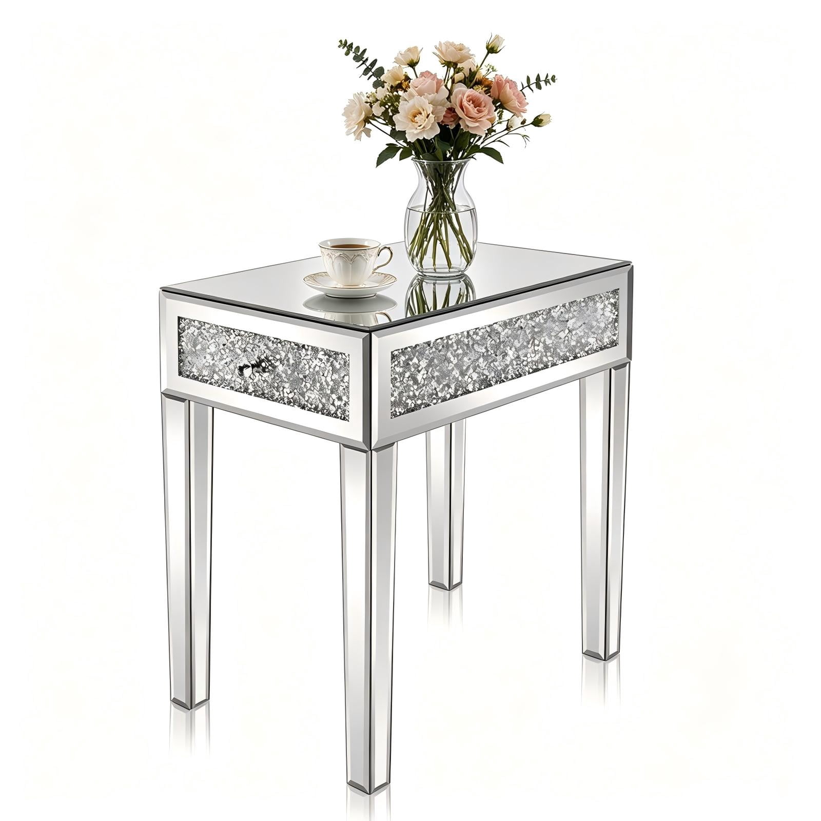 1-Drawer Bedside Table with Rhinestone Trim, Mirrored MDF Nightstand, Silver, 13.8 x 22 x 23.6 in