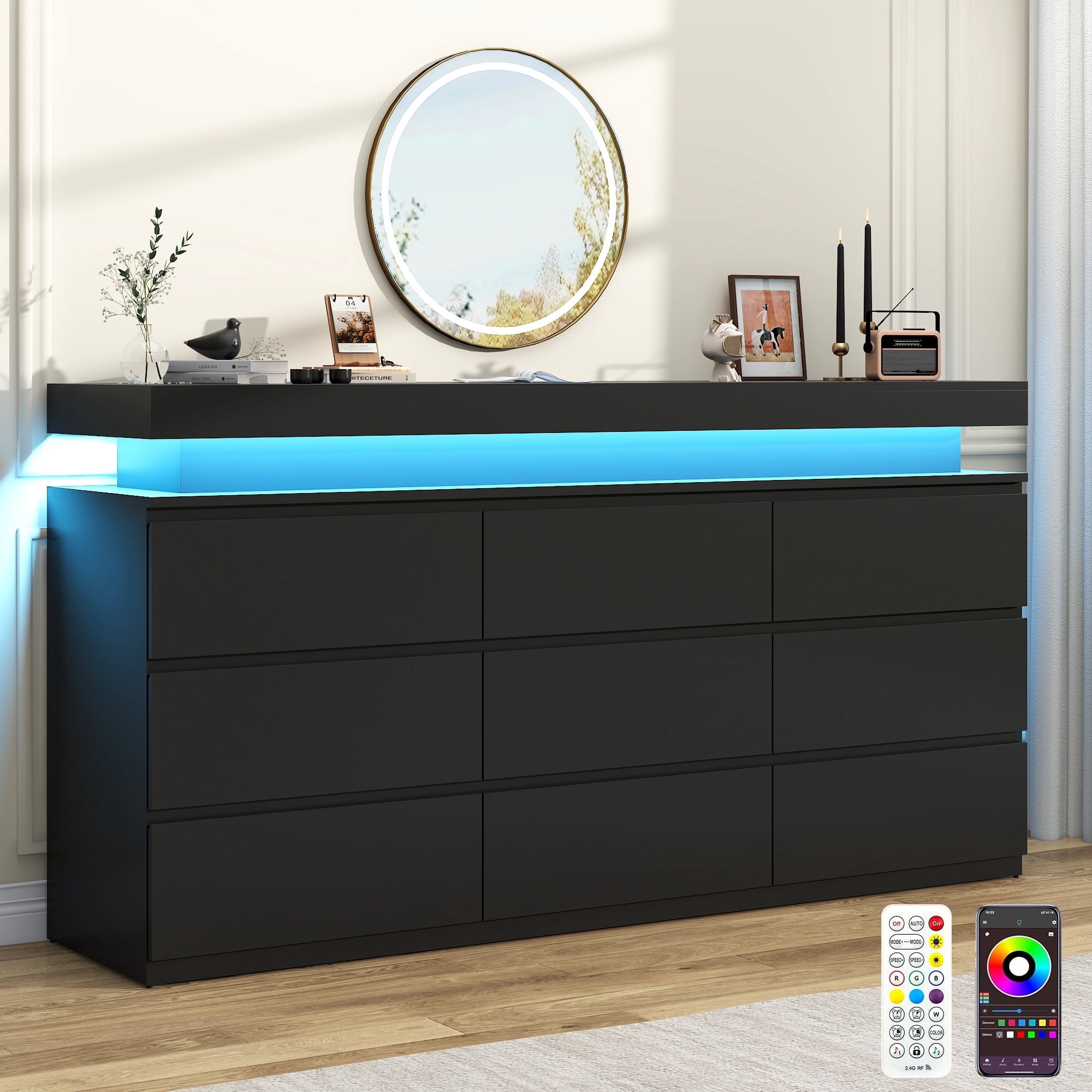 ChVans Black 9 Drawer Dresser with LED Lights, 63" Wide Modern Wood Chest of Drawers with Charging Station & Handle Free, LED Black Dresser for bedroom, Living Room, Entryway, Hallway