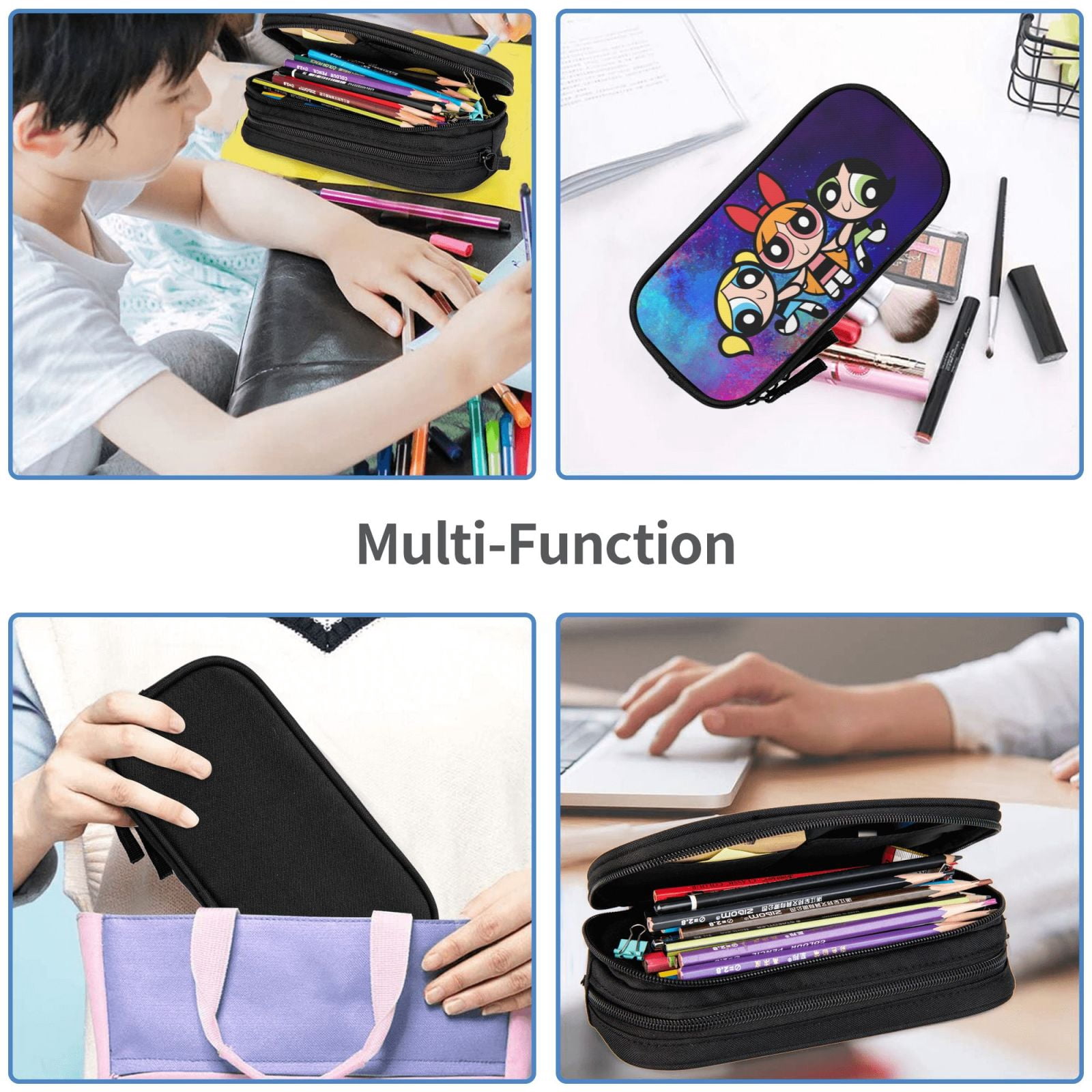 The Powerpuff Gi-rls Pencil Case Large Capacity Pencil Pouch Penbag Office Stationery Organizer Travel Makeup Bag Black