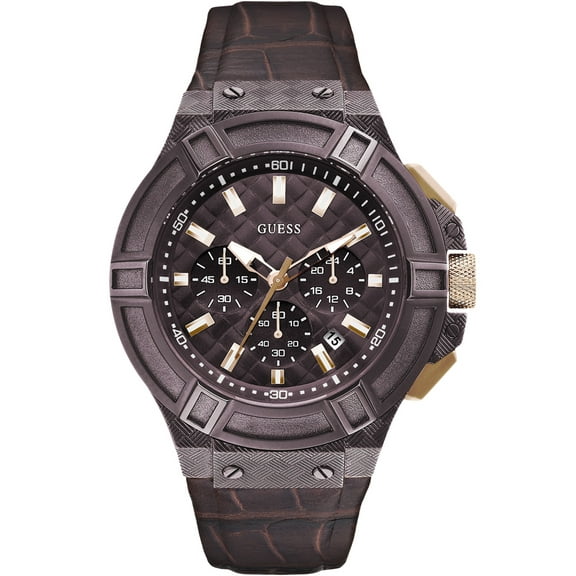 Guess Men's W0408G2, Rigor Multi-Function Dress Sport,Genuine Leather Strap,Dark Case,Screw Crown