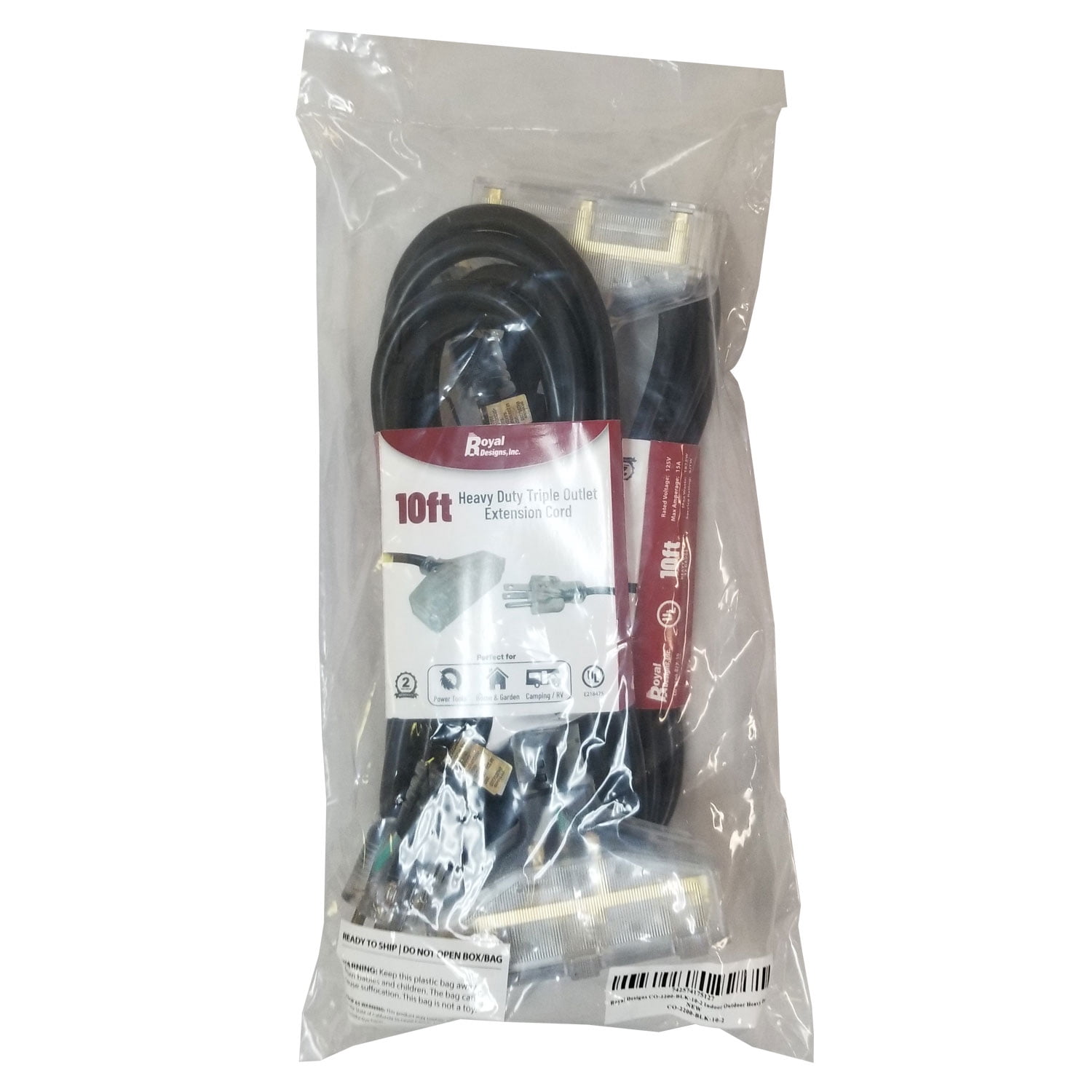 Royal Designs, Inc. Heavy Duty Extension Cord with Indicator light for Indoor & Outdoor, 10 ft long, Black, 3 Outlet Prong Grounded Wire UL Listed, Set of 2