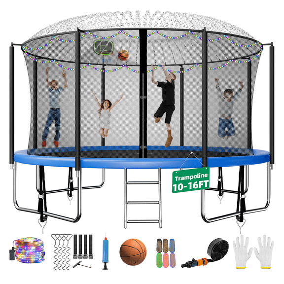 Fiziti Trampoline 12FT 14FT 16FT Trampoline for 4-5 Kids Adults with Basketball Hoop,Enclosure Net, Sprinkler, Light,Ladder,Socks, Outdoor Heavy Duty Round Trampoline