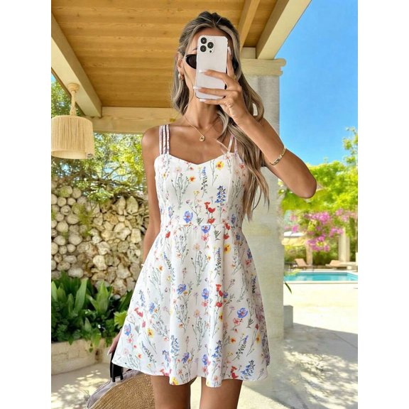 Apricot Floral Print Summer Cami Sundress For Women A-Line Flare Skirt Casual Dress