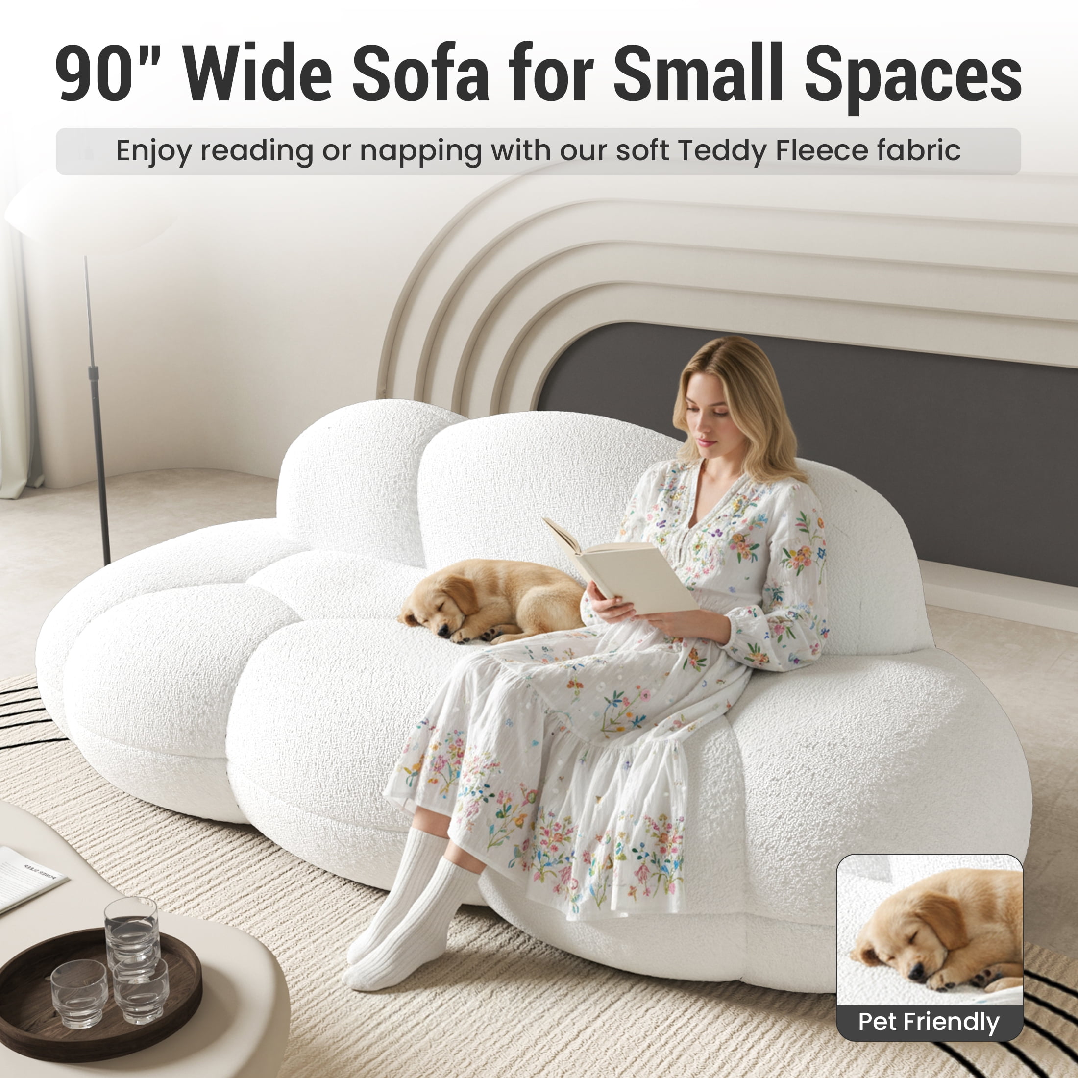 90" Modern Curved Cloud Shaped Couch for Living Room, Boucle LoveSeat 3 Seater Sofa, Upholstered Cloud Couch for Bedroom, Apartment, Small Space (White, No Assembly Required)