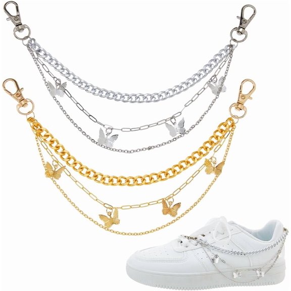 4pcs 2 Colors Shoe Charms Chains 9.45 inch Brass Multi Layered Chain Trendy Shoe Decoration Chains with Butterfly Pendants for Sneaker Bag Handbags Pants Decoration