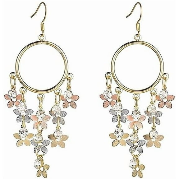 Bohemian Long Colorful Chandelier Tassel Flower Hoop Earrings for Women Elegant Fairy Flowers Hoop Earrings Flower Tassel Boho Spring Jewelry Gifts