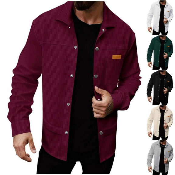 RYDCOT Men's Waffle Shacket Metal Snap Button Down Work Jackets Casual Lightweight Western Cowboy Long Sleeve Cargo Shirt Jacket White