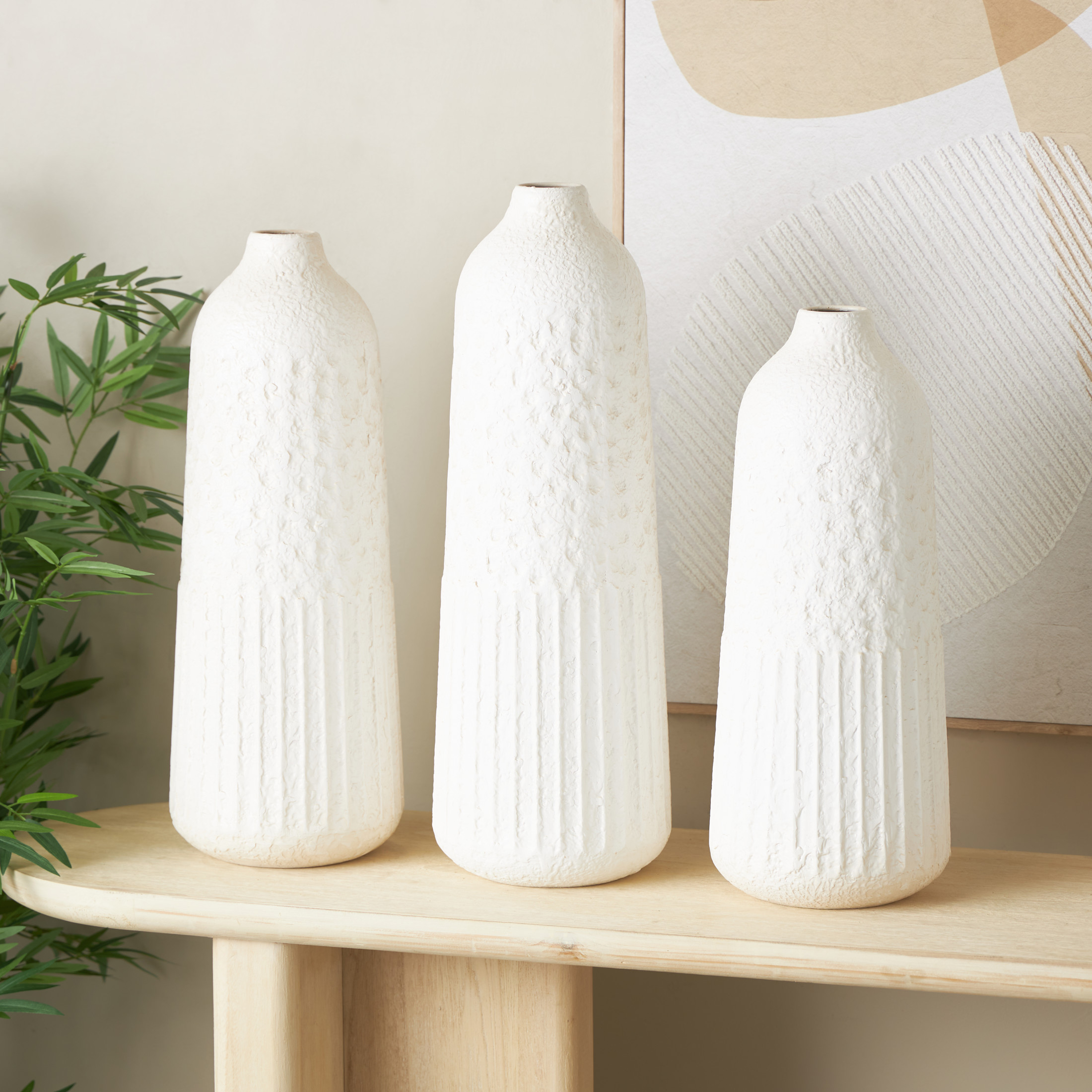 DecMode 24", 22", 20"H Textured White Metal Vase with Honeycomb Pattern, Set of 3