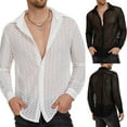 thumbnail image 5 of CENL Men Mesh See-through Loose Shirt Top Sexy Long-Sleeved V-neck Turn-down Collar, 5 of 6