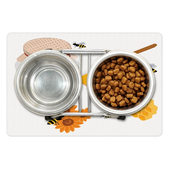 Honey Bee Pet Mat for Food and Water, Apiary Collaboration Wooden Spoon Honeycomb Jar and Sunflowers Cartoon, Non-Slip Rubber Mat for Dogs and Cats, 18" X 12", by Ambesonne