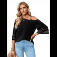 thumbnail image 3 of Blusa Informal con Hombros Descubiertos y Panel de para Mujer, Mangas 3/4 Acampanadas, Color Negro, Talla S, 3 of 10
