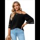 thumbnail image 3 of Blusa Informal con Hombros Descubiertos y Panel de para Mujer, Mangas 3/4 Acampanadas, Color Negro, Talla S, 3 of 10