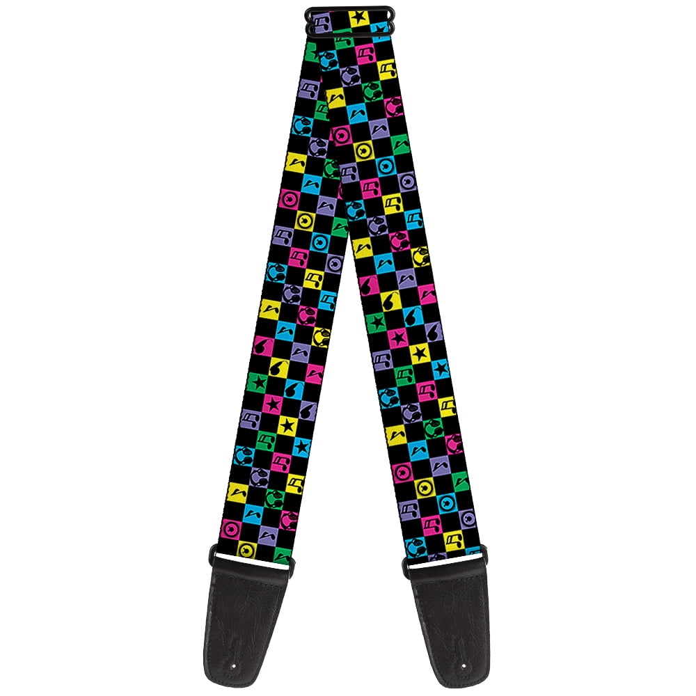 Buckle-Down Guitar Strap, Musical Checkers Black Neon, 2 Inches Wide