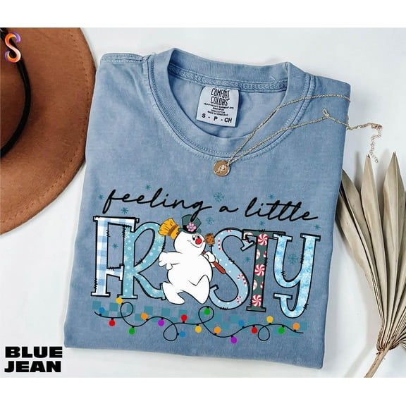 Feeling a Little Frosty Snowman Graphic Print T-Shirt | Funny Christmas Design | Comfort Colors Blue Jean Tee