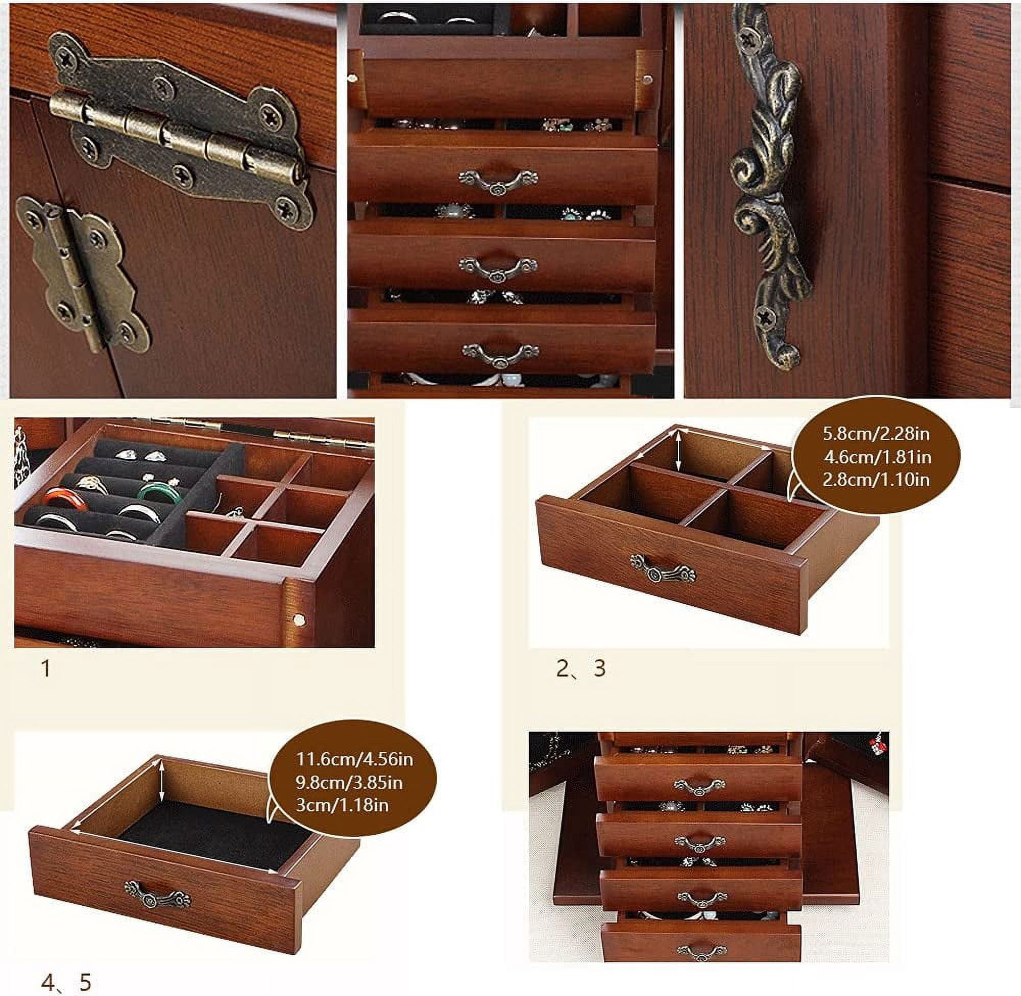 Large Wooden Jewelry Box with Built-in Mirror, 5 Drawers Jewelry Case with Side Organizer, Watches Necklace Ring Storage Box for Women