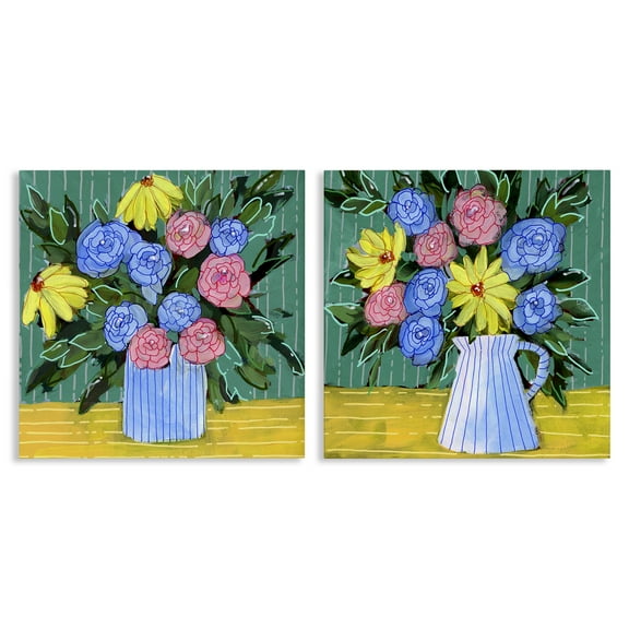 Stupell Industries Bright Flowers on Stripes Plants & Flowers Painting Wrapped Canvas Art Print Wall Art, 17 x 17, Set of 2
