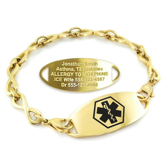 MedicEngraved Yellow Gold Stainless Steel Custom Medical Alert Bracelet - 6mm Infinity Link