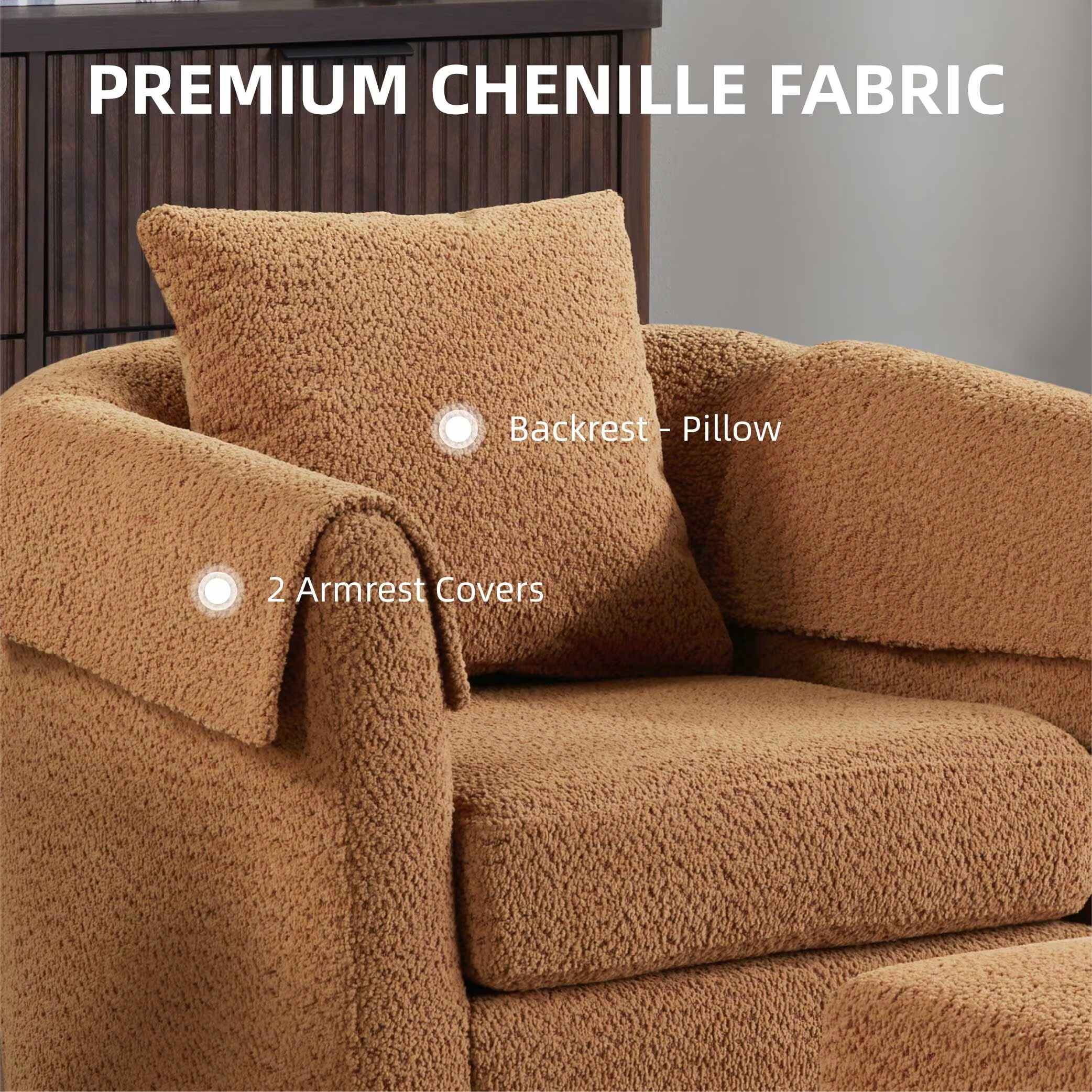 Avobird Living Room Chair With Ottoman Set, Chenille Barrel Armchair with Removable Back Pillow & 2 Armrest Covers, Brown