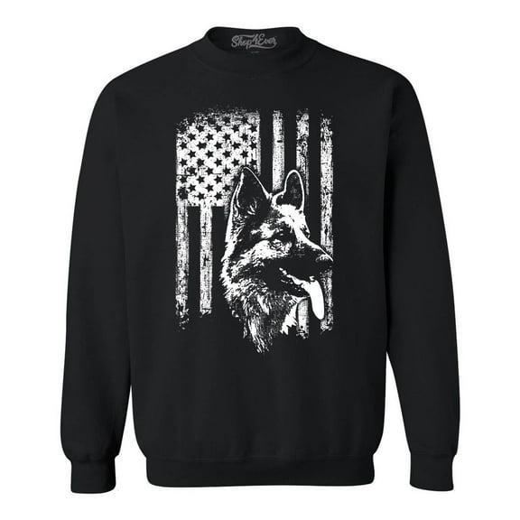 Shop4Ever Men's German Shepherd American Flag Crewneck Sweatshirt Large Black