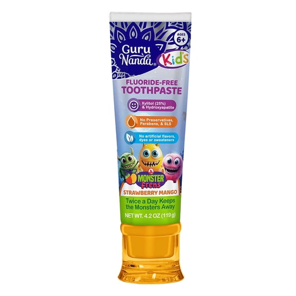 GuruNanda Kids Fluoride- Free Toothpaste with Xylitol & Hydroxyapatite - Mango Strawberry Flavor, 4.2 Oz