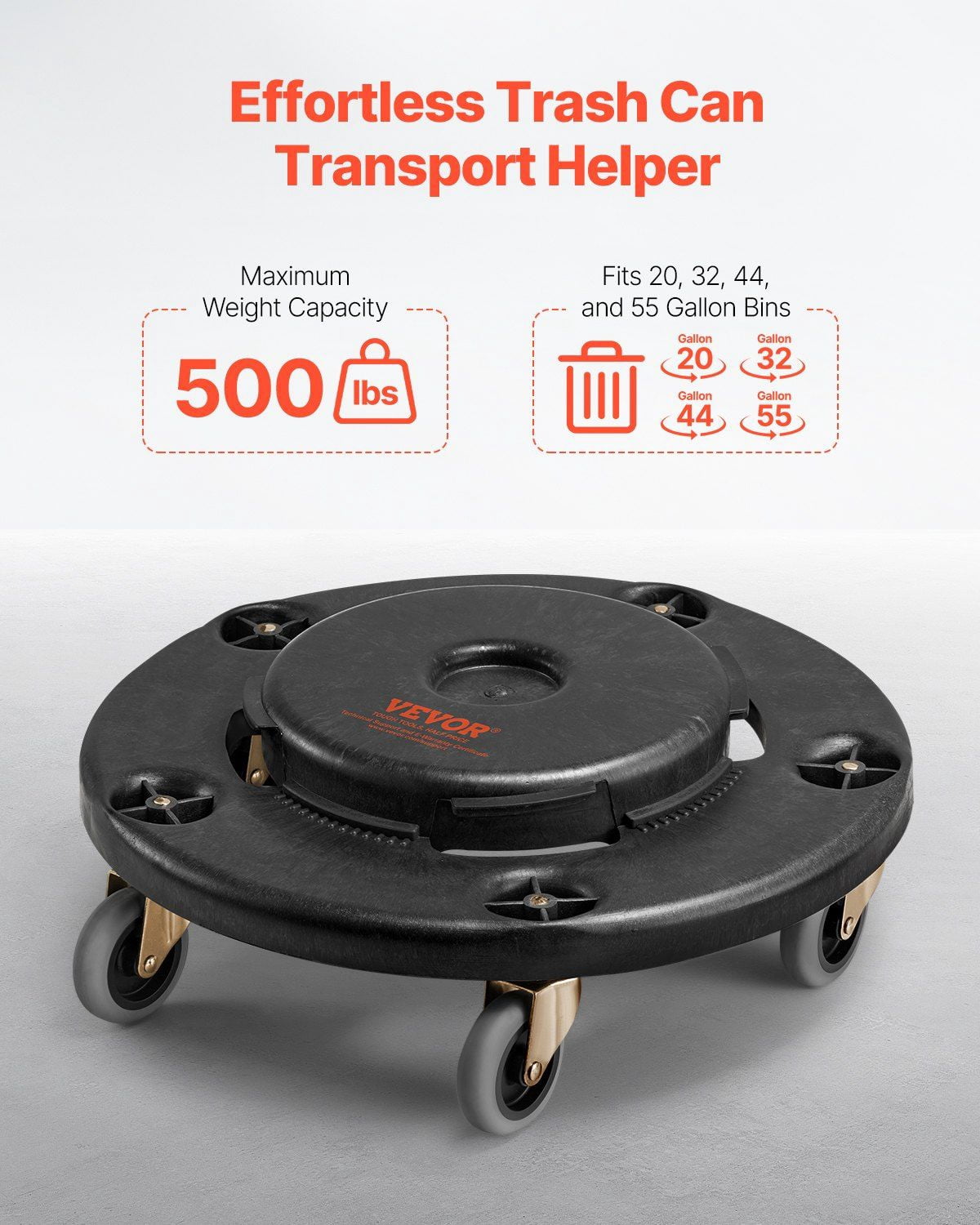 Heavy Duty Trash Can Dolly with 4 Lockable Wheels 500lbs Capacity Fits 20 32 44 55 Gallon Round Containers Multi Functional Rolling Cart