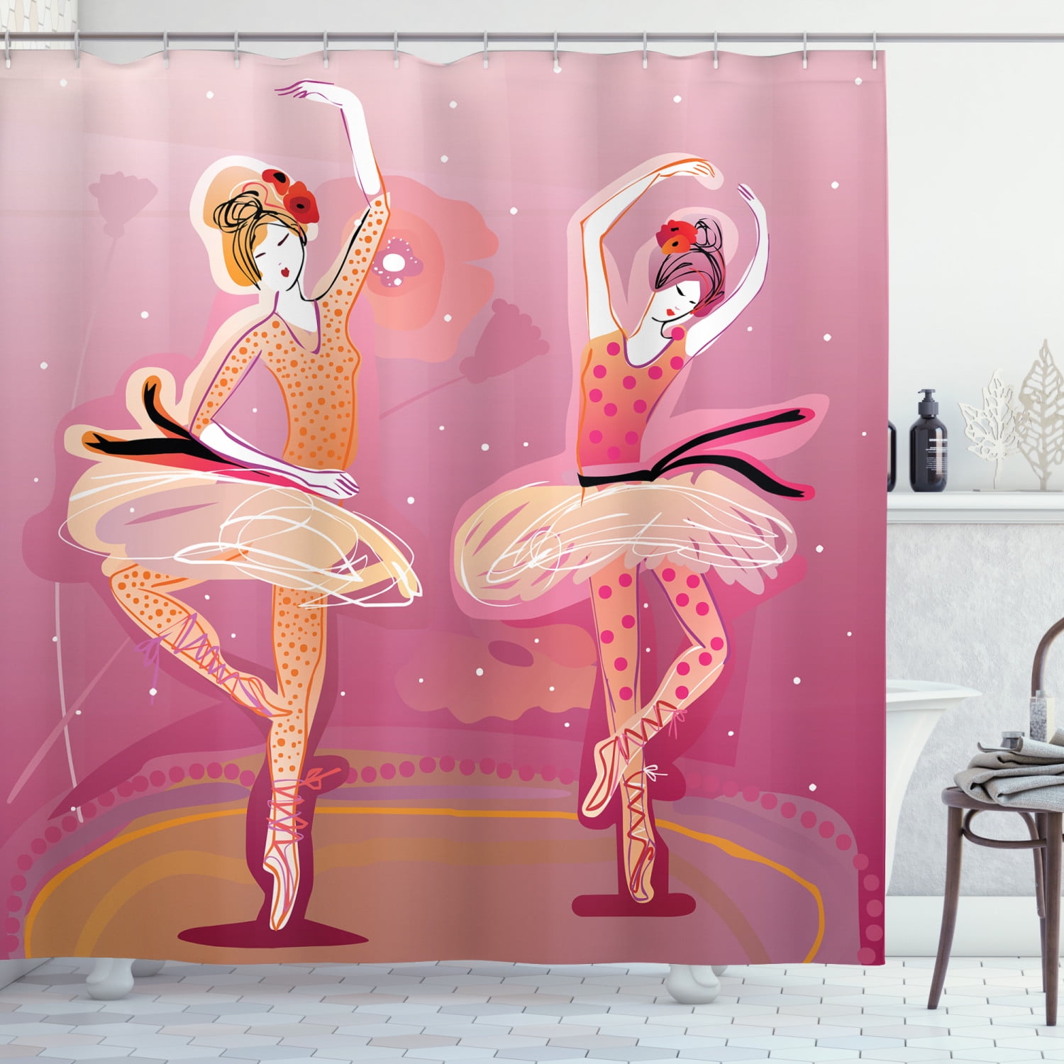 Ballet Shower Curtain, Ballet Dancers in Colorful Clothes Performing on the Stage HandDrawn