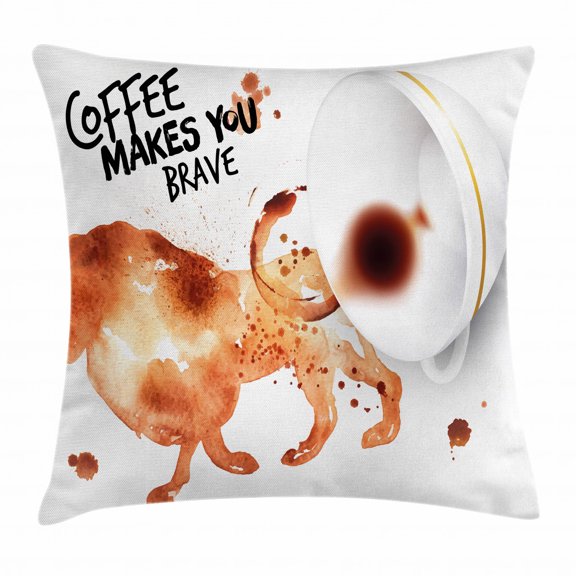 Coffee Art Throw Pillow Cushion Cover, Be Brave and Courageous Inspiration Motivation Nature Wild Lion, Decorative Square Accent Pillow Case, 16 X 16 Inches, Burnt Sienna Black White, by Ambesonne