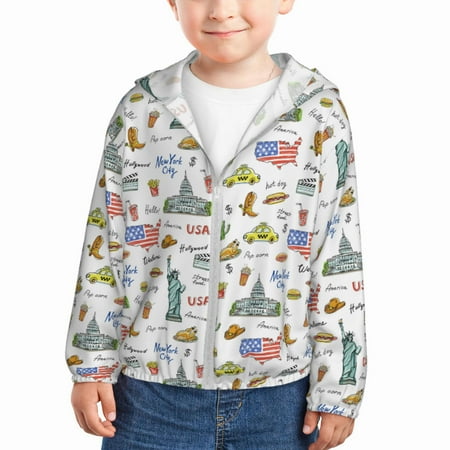 

Qekee America Landmarks Print UPF 50+ Kids Sun-Protective Hooded Long Sleeve Rash Guard for Fishing Water Beach Sports -4 Years