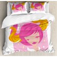 thumbnail image 1 of Zodiac Taurus Queen Size Duvet Cover Set, Abstract Woman Illustration Pink Hair and Orange Horns Female Taurus Portrait, Decorative 3 Piece Bedding Set with 2 Pillow Shams, Multicolor, by Ambesonne, 1 of 3