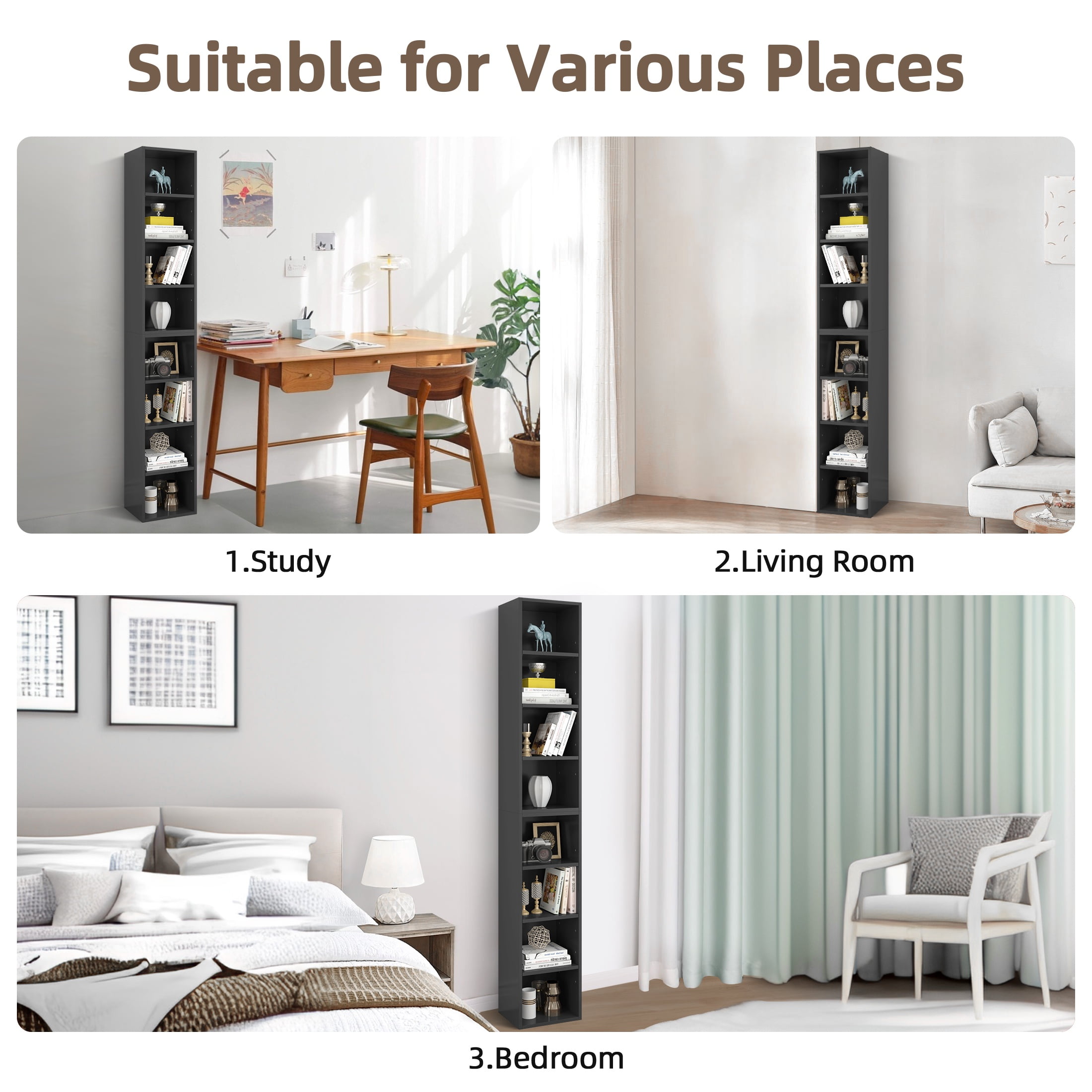 PORKISS 8-Tier Bookshelf, Wood Open Display Bookshelf with Adjustable Shelves, Tall Narrow Bookcase with Slim Storage, Modern Book Display Shelf Media Tower Rack for Living Room, Home Office, Black