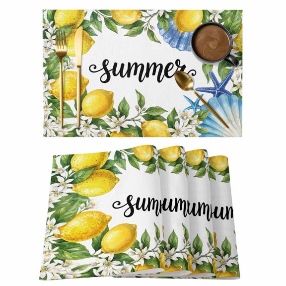 Summer Lemon Placemats Set of 4 Coastal Starfish Shells Pastoral Floral Place Mats Indoor Wipeable Table Mats Washable Cloth Dining Table Placemats for Kitchen Holiday Party Home Decor 13x19 Inch