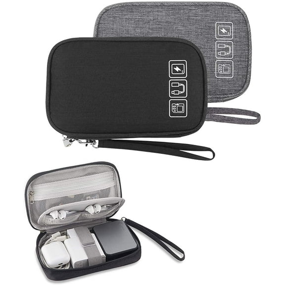 Small Electronic Organizer Cable Bag, Travel Portable 2 PCS Electronic Accessories Storage Bag Soft Carrying Case Pouch for Hard Drive, Cord, Charger, Earphone, USB, SD Card (Black Gray)