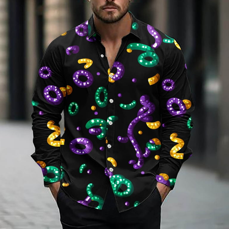 men's mardi gras dress shirts Dovford Men's Mardi Gras Novelty Button Down Long Sleeve Shirt, S-2XL